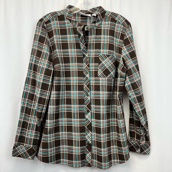 Denim & Co. Womens Button Up Shirt Multicolor Plaid Long Sleeve Cuff Stretch M - Picture 2 of 12
